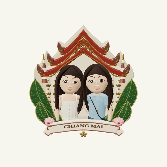 Raised relief concept of two friends framed by a temple roof and leaves, from a Chiang Mai photo