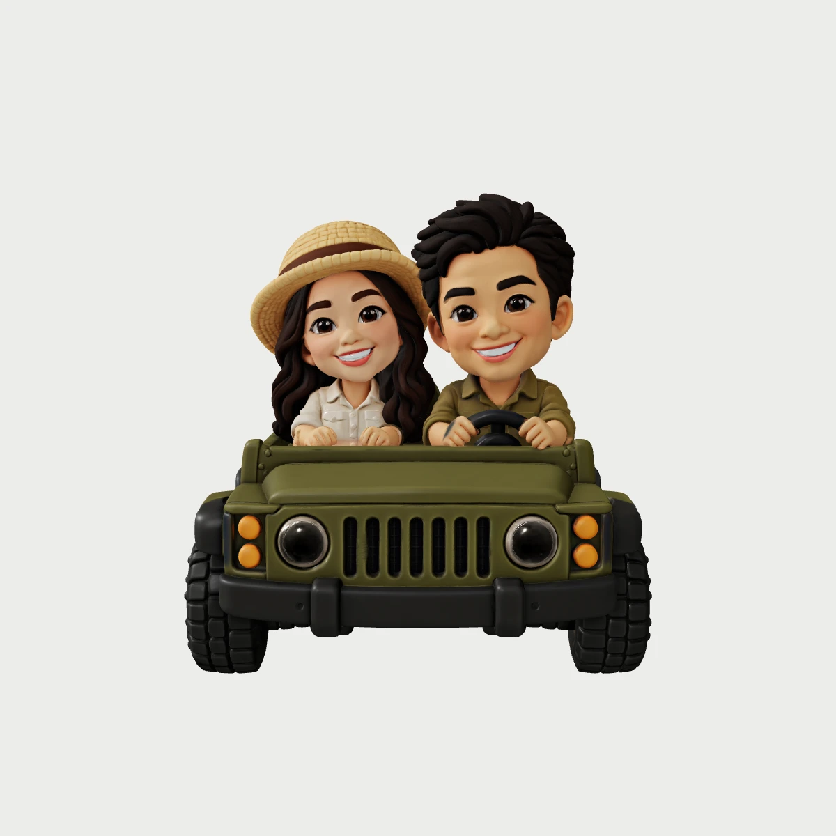 Small safari jeep concept with two travelers, designed as a keychain keepsake